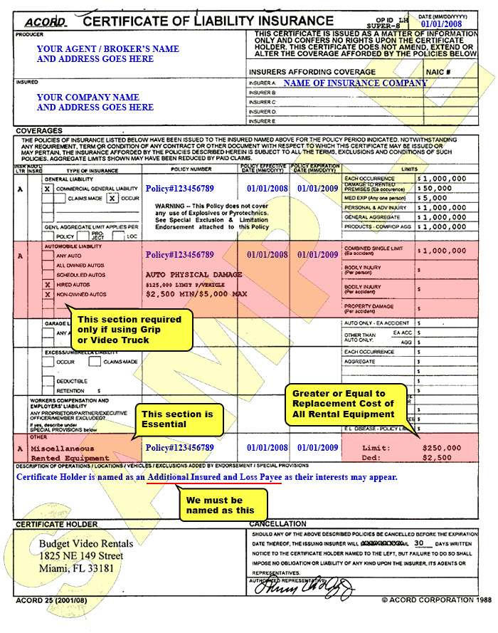 Sample Insurance Certificate Budget Video Rentals