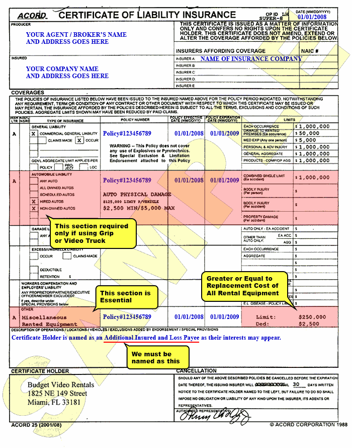 Sample Insurance Certificate